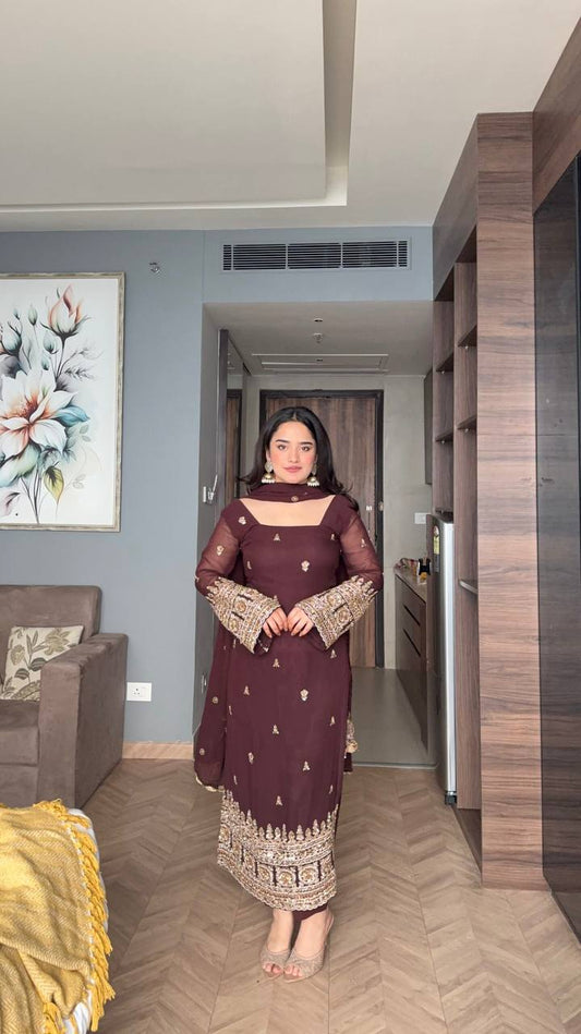 Elegant Wine Color Embroidered Anarkali Suit Set with Dupatta – Festive & Party Wear