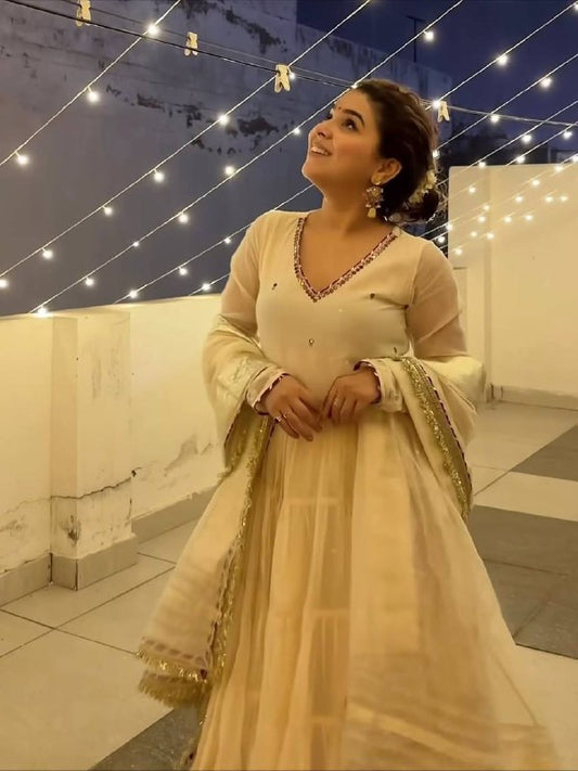 Premium Ivory Anarkali Dress with Golden Border Detailing