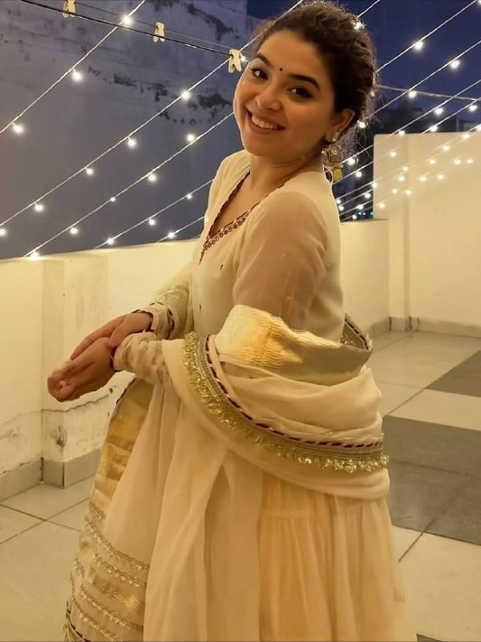 Premium Ivory Anarkali Dress with Golden Border Detailing
