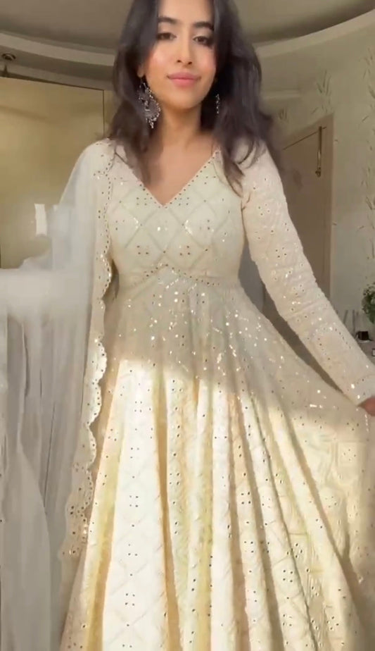 LAKHNAWI EMBROIDERED GEORGETTE ANARKALI FULLY STITCHED SUIT SET WHITE
