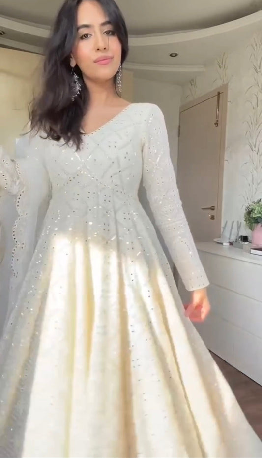 LAKHNAWI EMBROIDERED GEORGETTE ANARKALI FULLY STITCHED SUIT SET WHITE