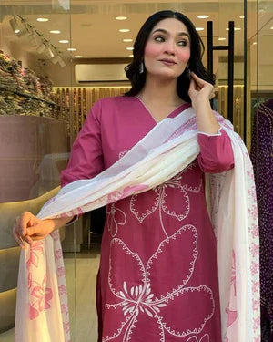 Fuschia Floral Embroidered Cotton Kurta Set with Printed Dupatta