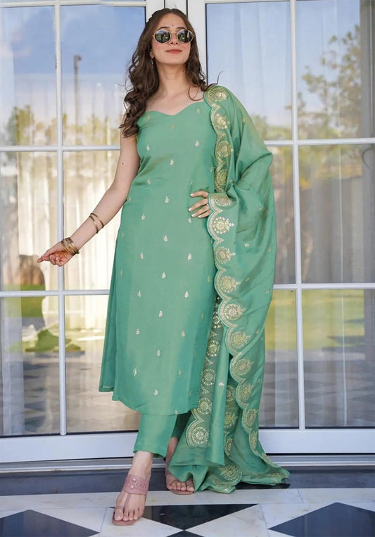 Elegant Mint Green Sleeveless Kurta-Pant Set with Heavy Gold Embroidered Dupatta
