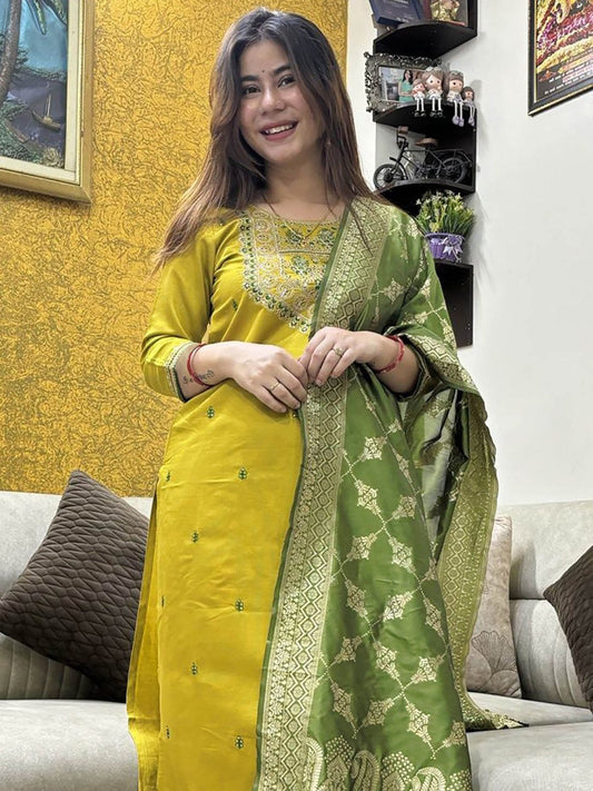 Traditional Yellow-Green Salwar Suit with Brocade Dupatta
