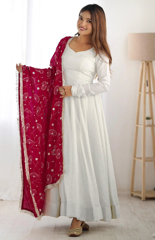 Full-Sleeve Solid White Anarkali with Heavy Work Dupatta