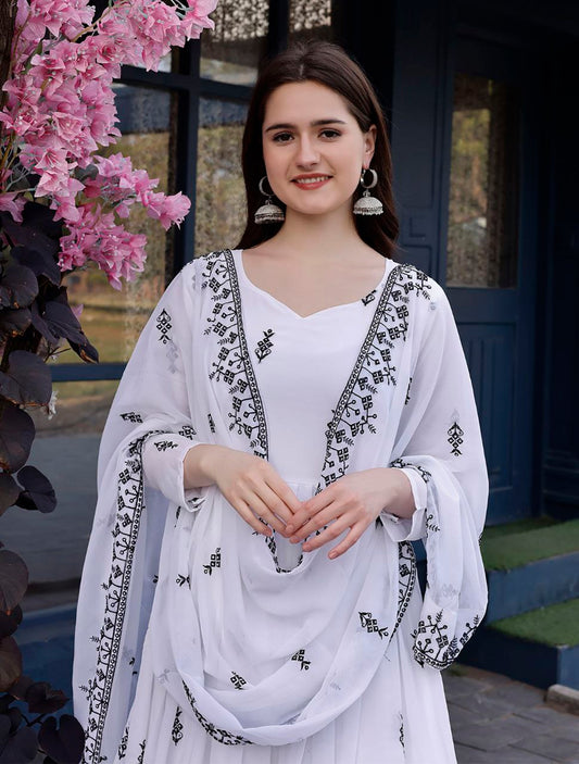 Monochrome Chikankari-Style Embroidered Anarkali Dress