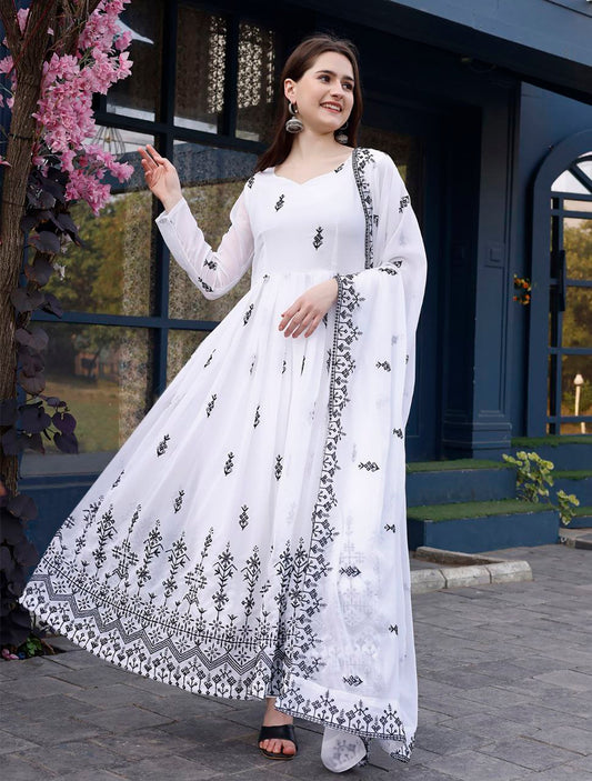 Monochrome Chikankari-Style Embroidered Anarkali Dress