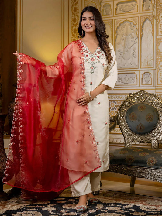 Ivory Embroidered Kurta Set with Red Floral Organza Dupatta