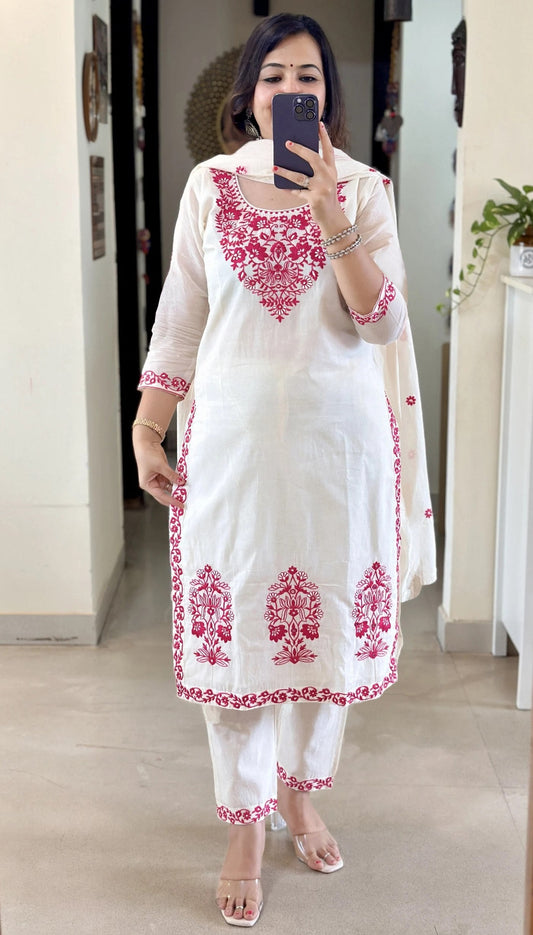 Chikankari Style White Kurta Set with Hot Pink Thread Embroidery and Dupatta