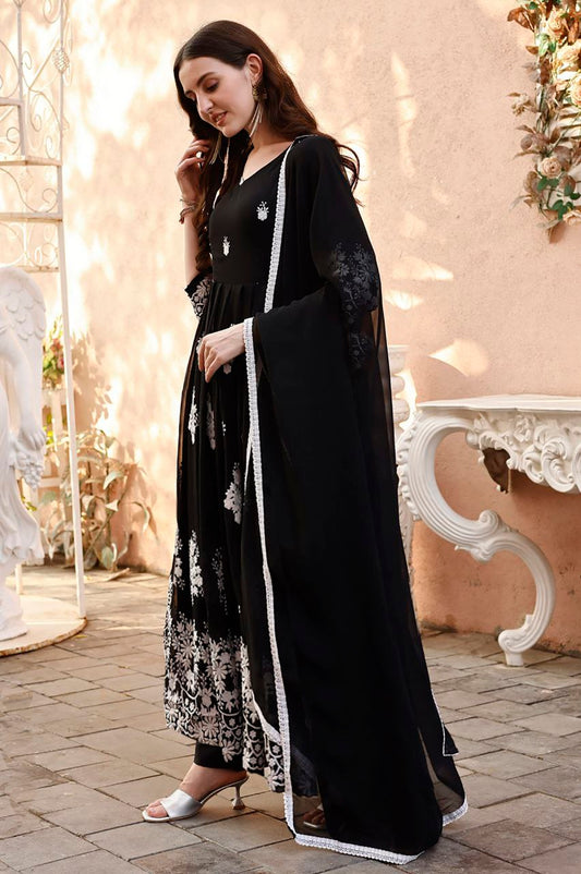 Designer Black and White Heavy Work Chikankari Anarkali Suit