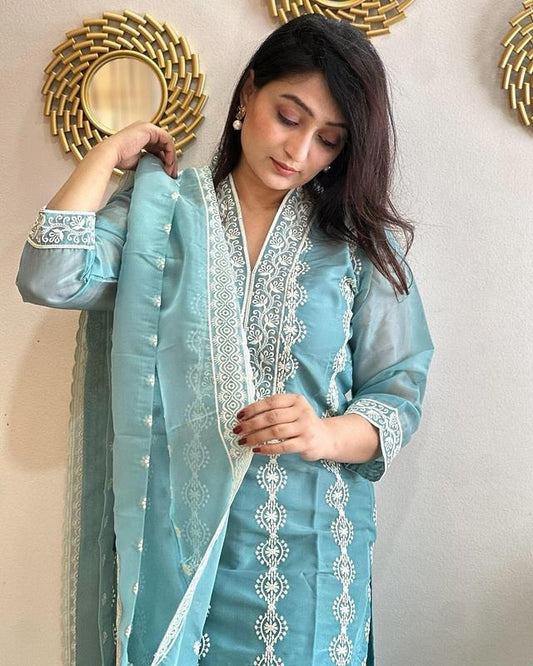 Elegant Sea Sky Blue Chikankari Embroidered 3-Piece Kurta Set