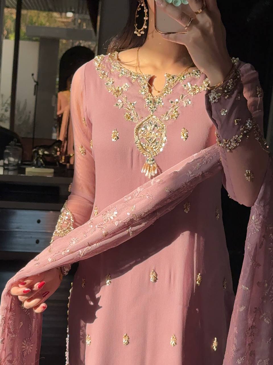Premium Mauve Heavy Faux Georgette Embroidered Sequence & Beads Work Full Sleeve Suit Set with Dupatta