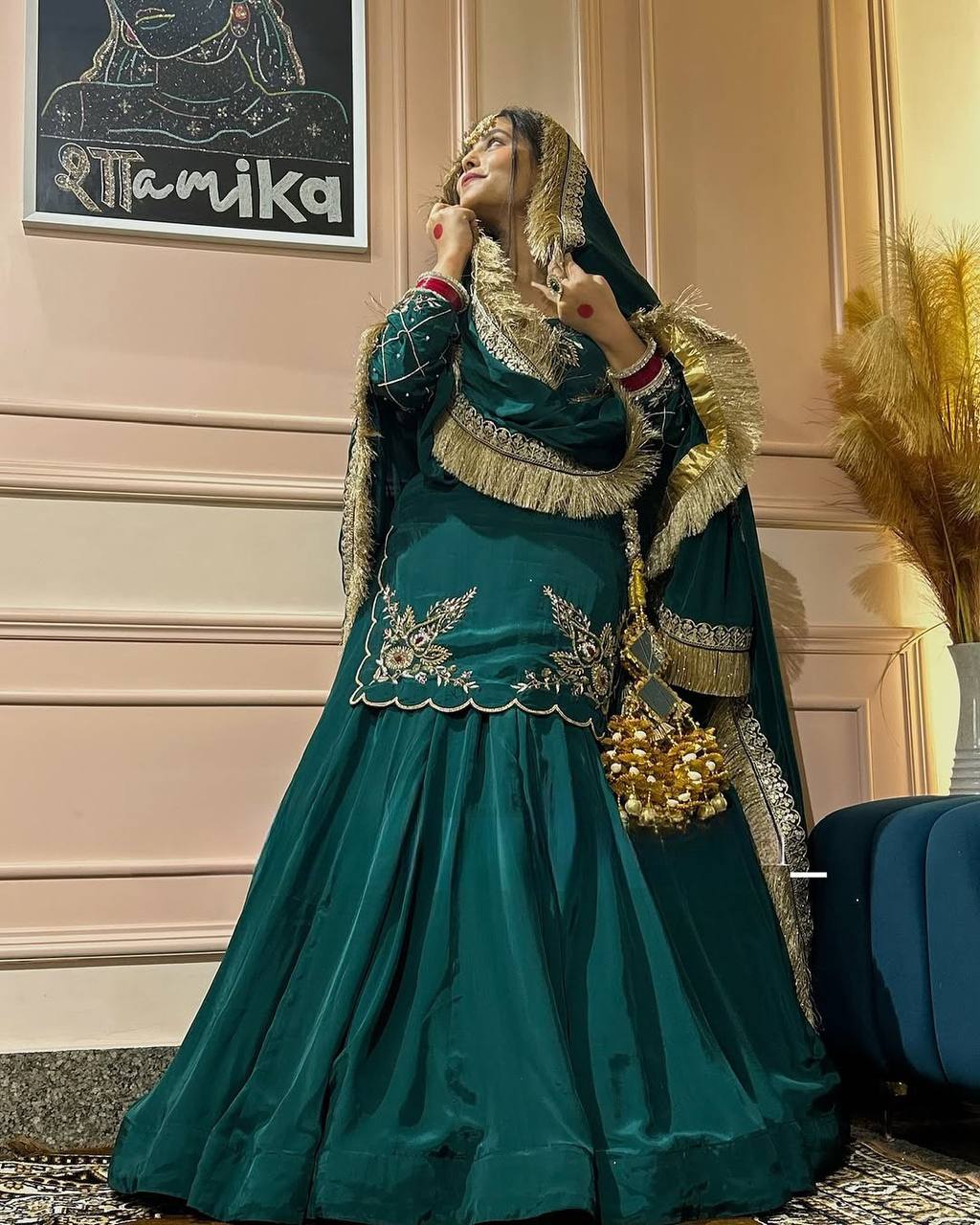 Royal Emerald Natural Crepe Silk Full Sleeve Ethnic Gown Set