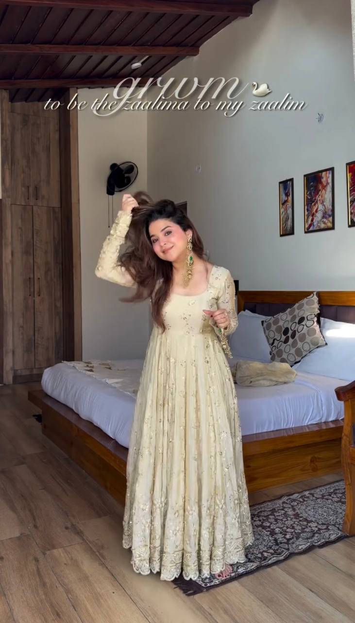 Cream Crunchy Silk Embroidered Anarkali Gown