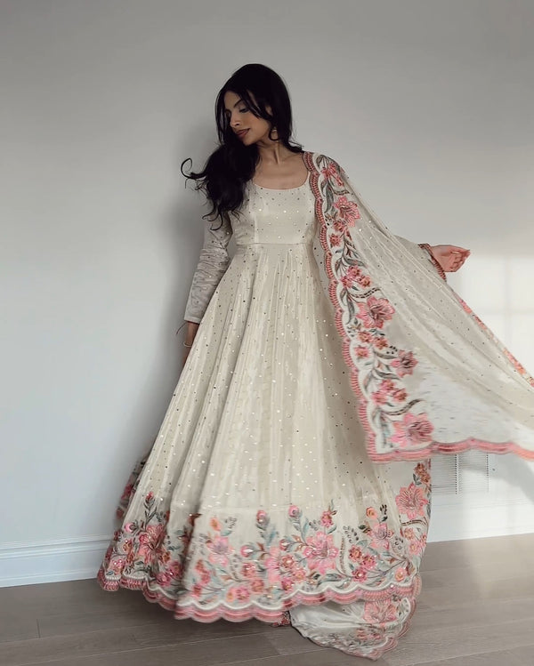 Heavy Pure Cinon Silk Gown -Pent Dupatta Set Fully Stitched Ready To Wear