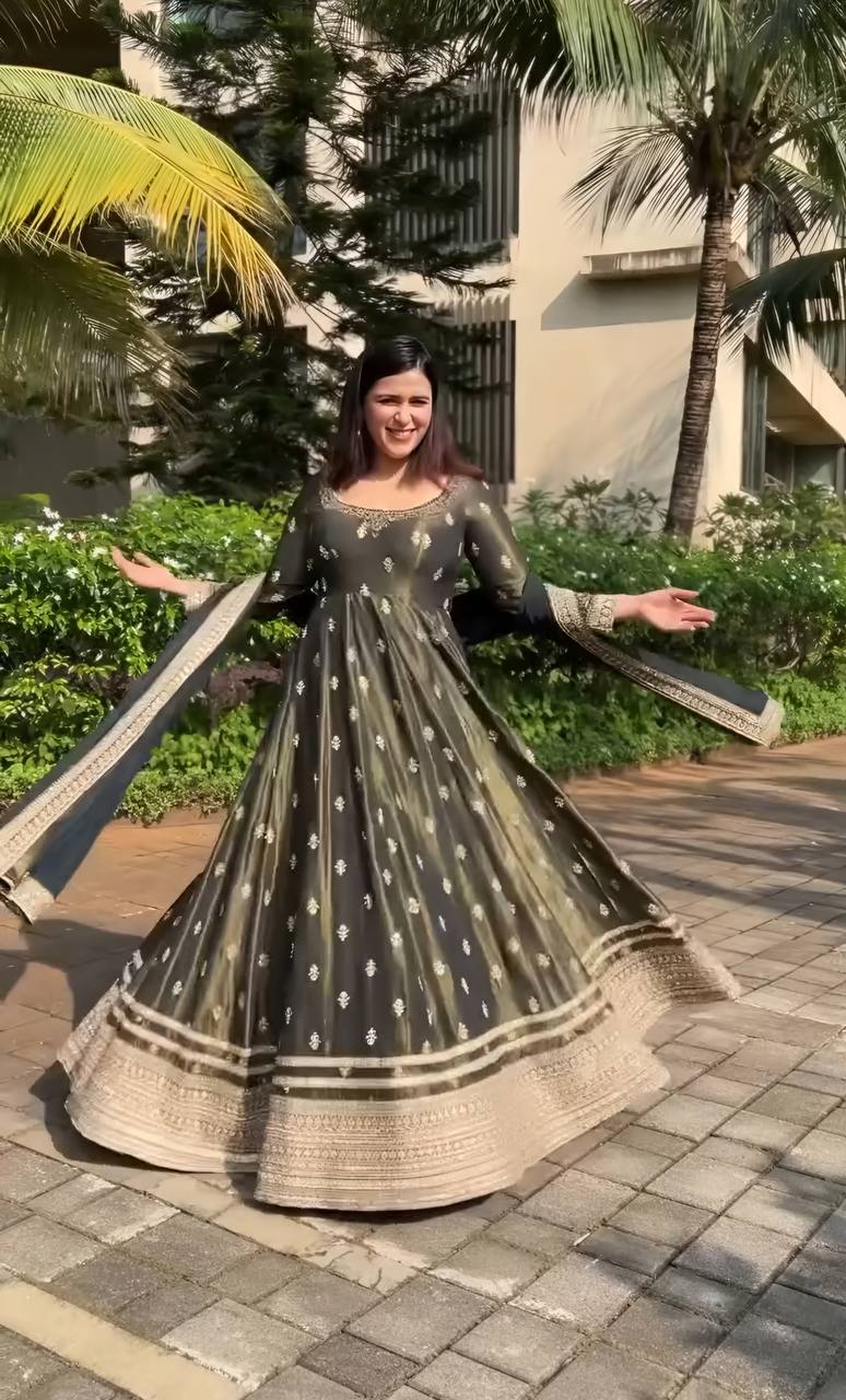 Grand Occasion Bottle Green Chinon Silk Embroidered Gown with Dupatta