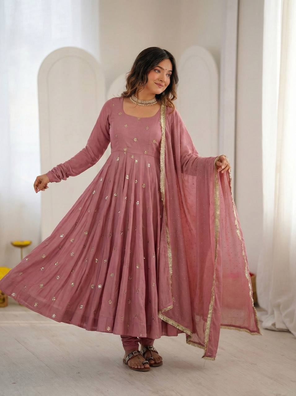 Royal Dusty Pink Flared Anarkali Dress with Gold Motifs