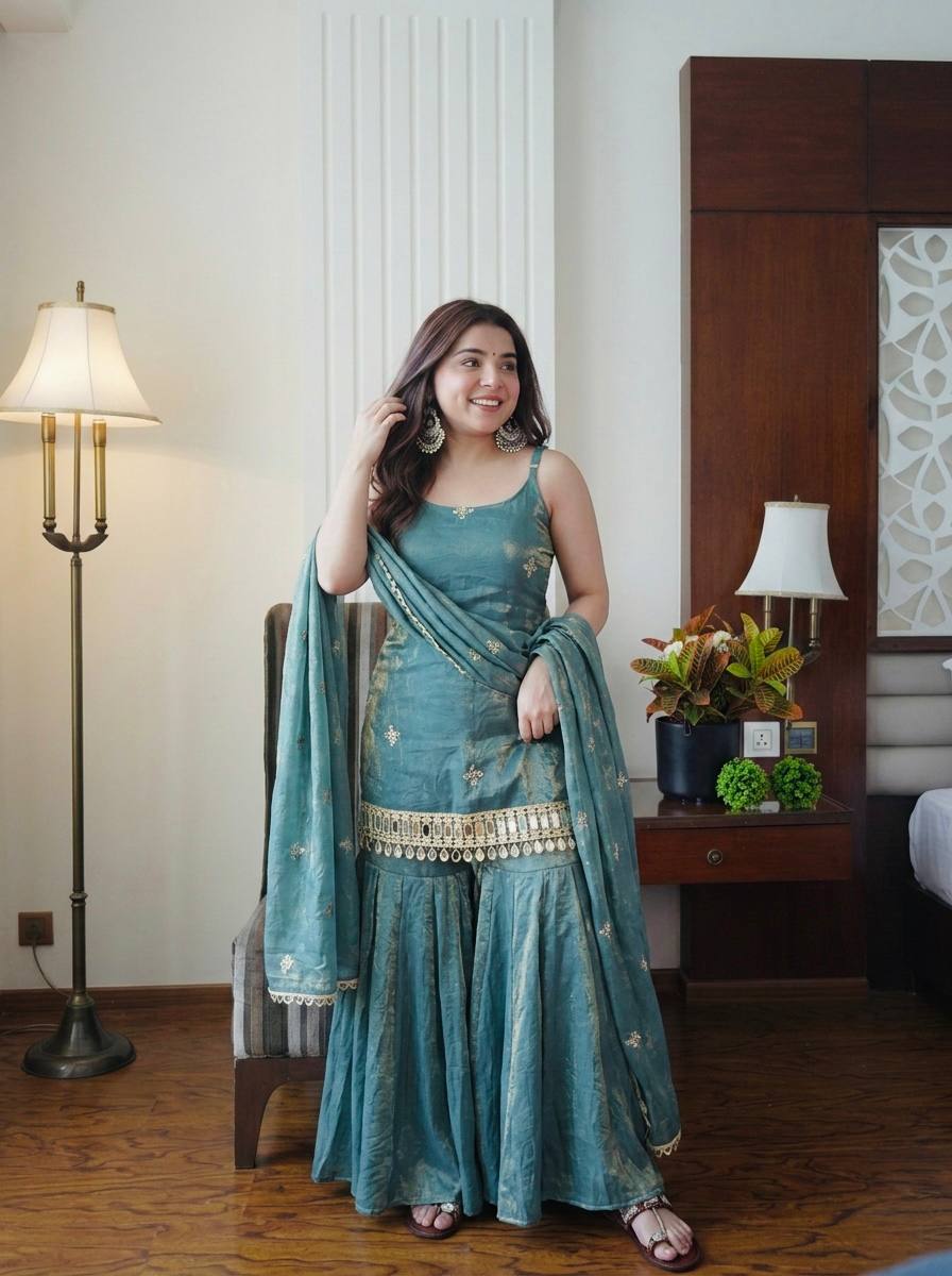 Teal Elegance Embroidered Sharara Set with Dupatta