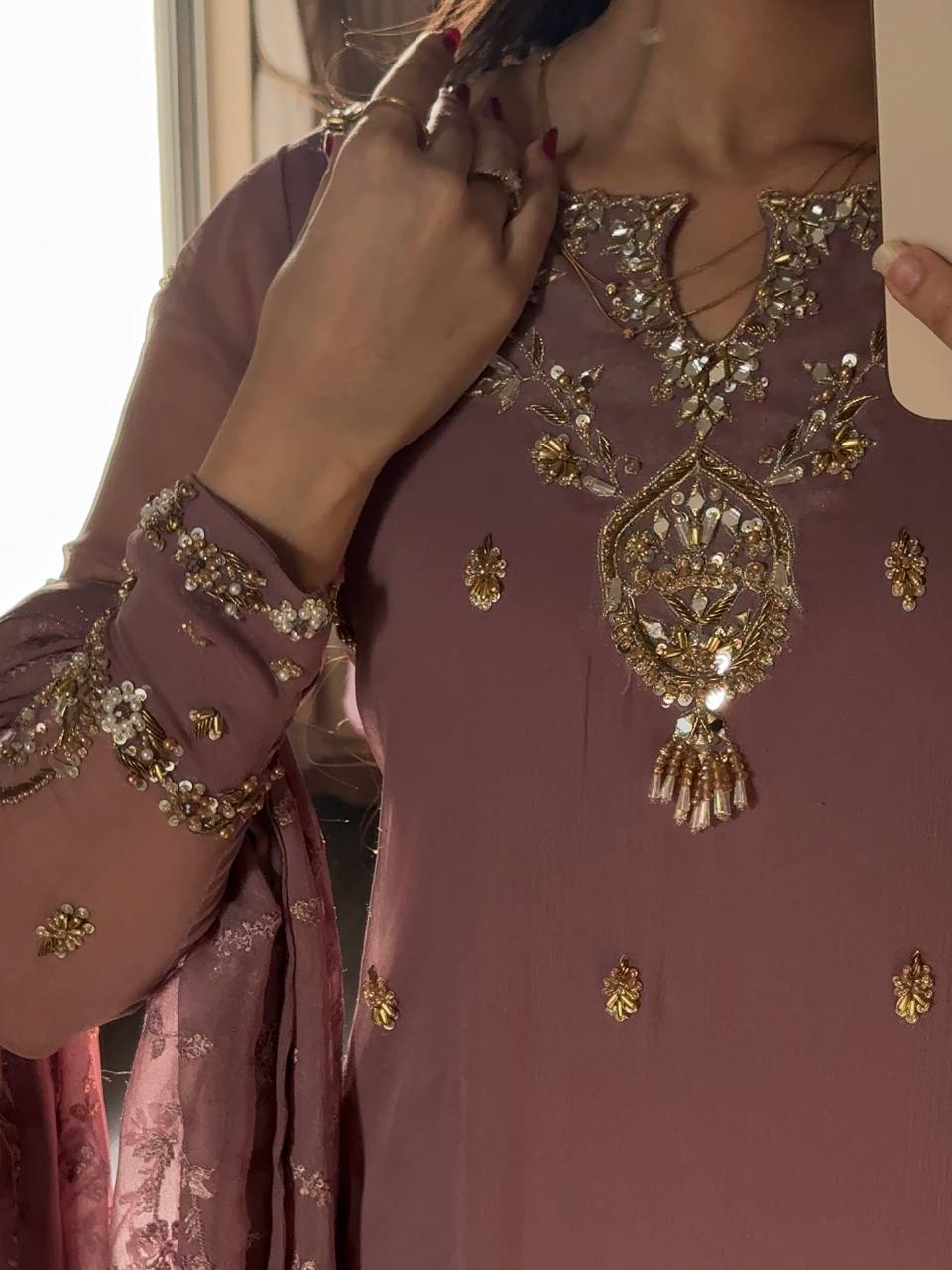 Premium Mauve Heavy Faux Georgette Embroidered Sequence & Beads Work Full Sleeve Suit Set with Dupatta