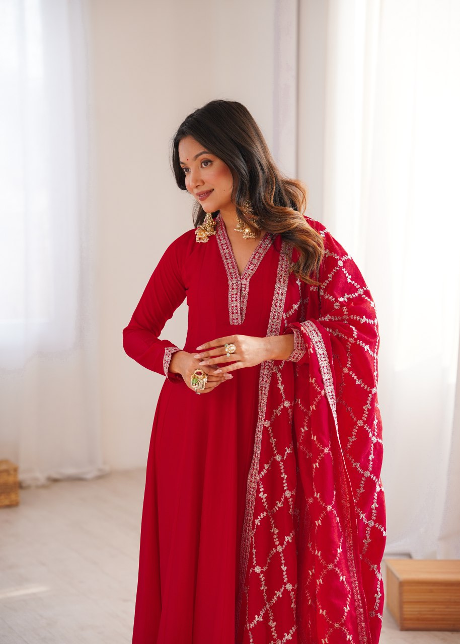 Royal Scarlet Embroidered Anarkali Set with Dupatta
