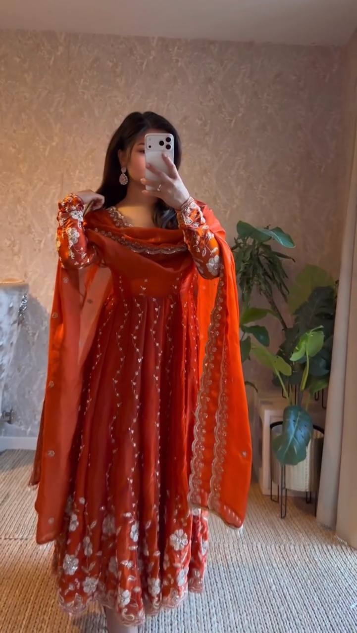 Royal Orange Fendy Silk Embroidered Anarkali Gown Set