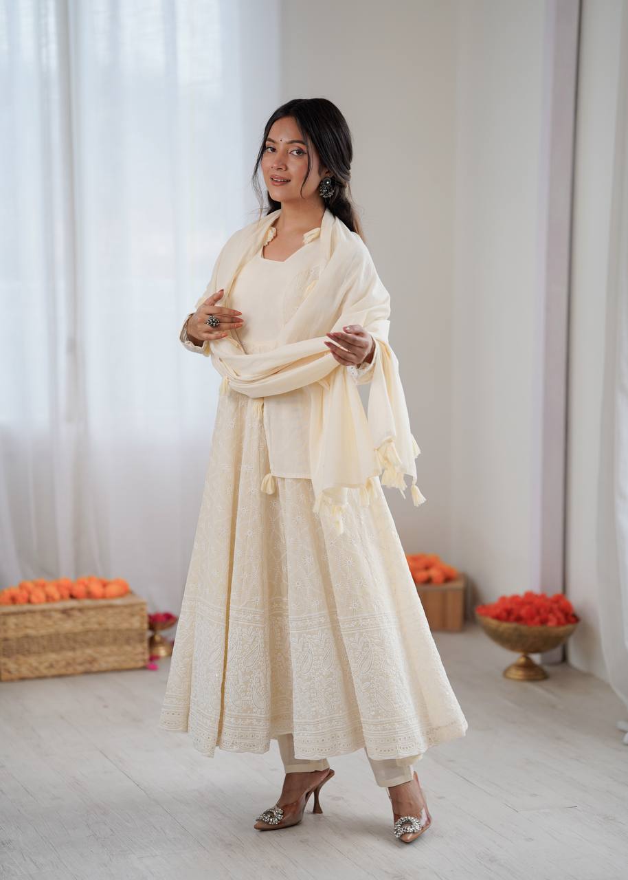 Elegant Cream Partywear Anarkali Gown Set