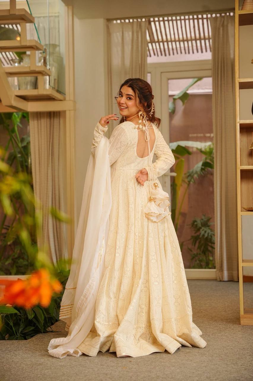 Royal Cream Soft Georgette Heavy Sequins & Zari Thread Work Anarkali
