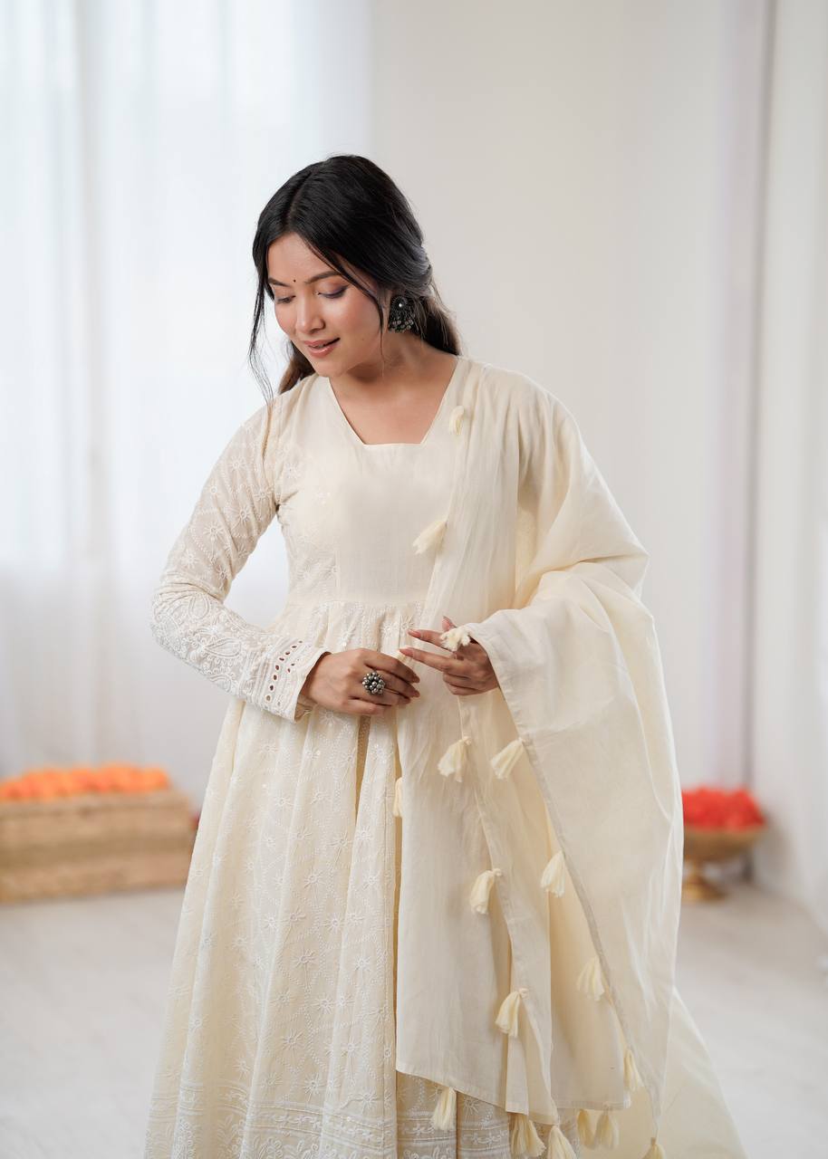 Elegant Cream Partywear Anarkali Gown Set
