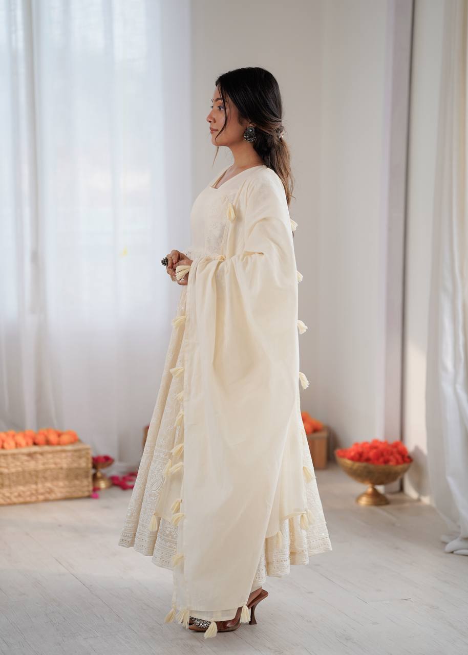 Elegant Cream Partywear Anarkali Gown Set