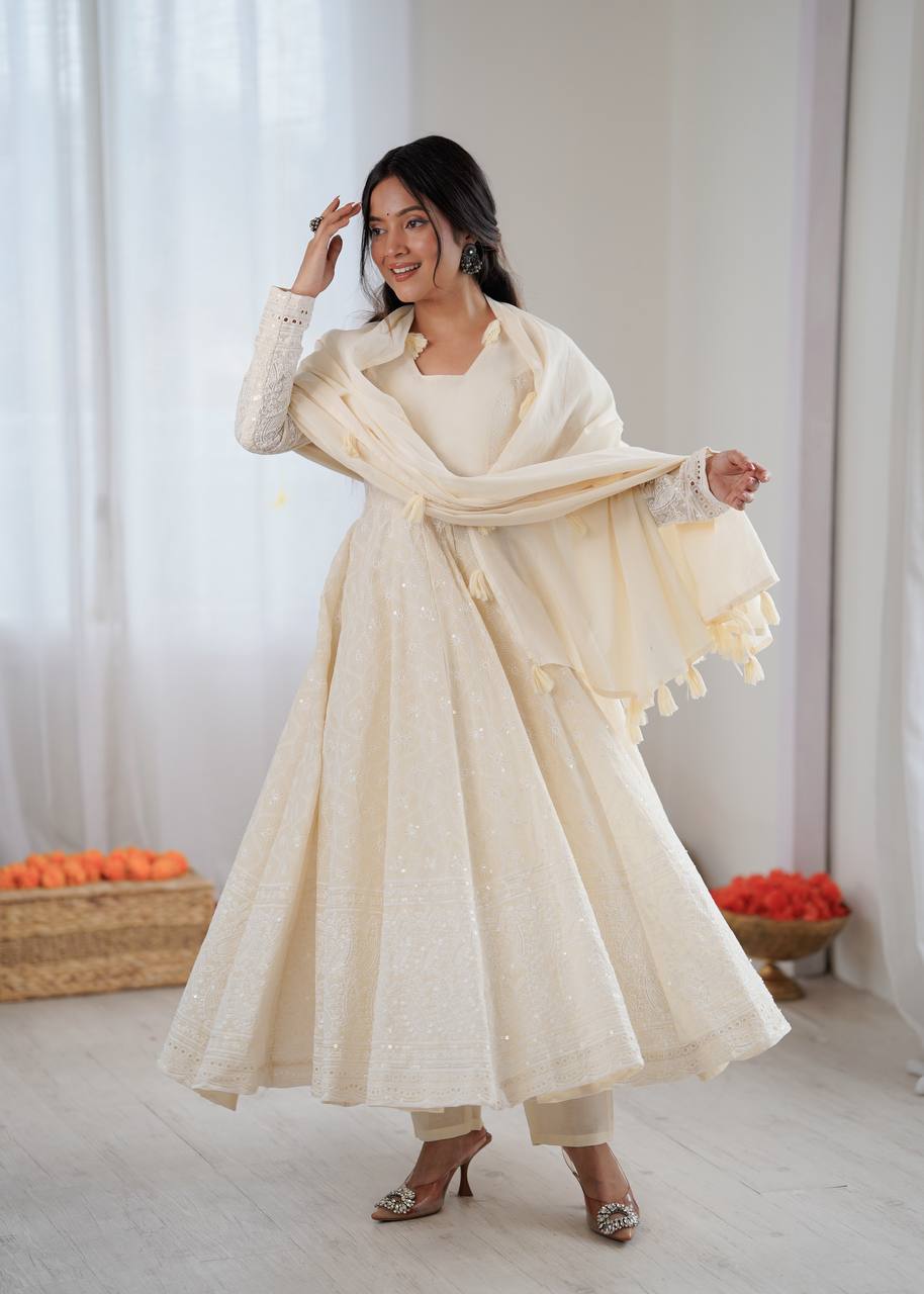 Elegant Cream Partywear Anarkali Gown Set