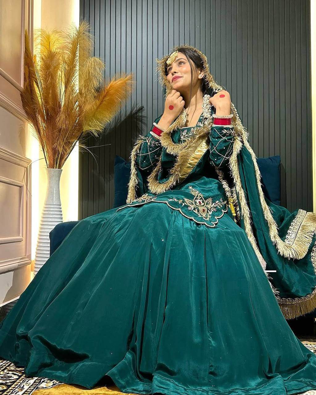 Royal Emerald Natural Crepe Silk Full Sleeve Ethnic Gown Set