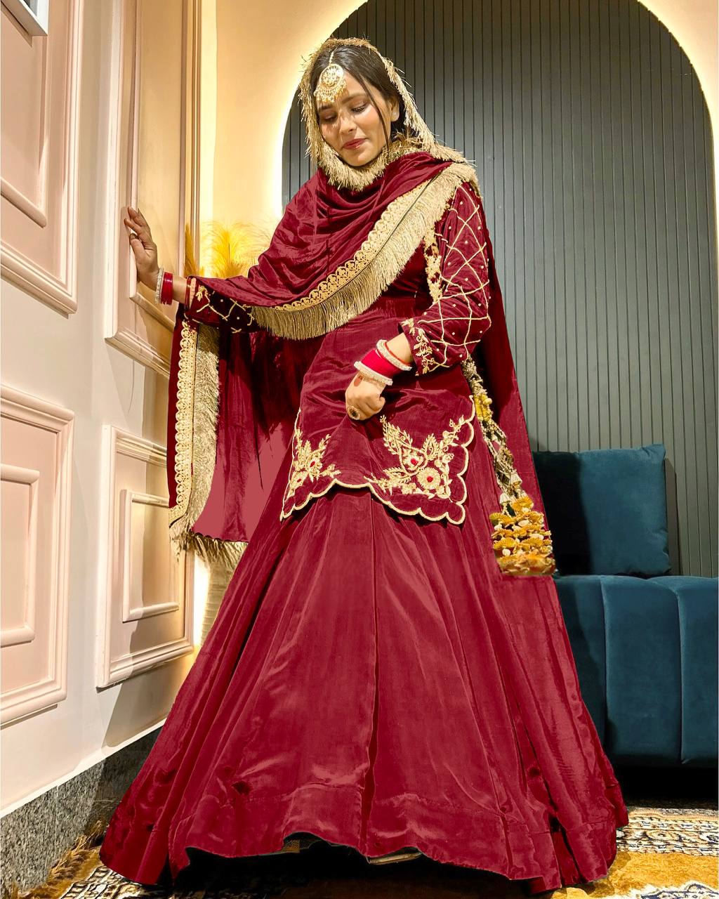 Royal Emerald Natural Crepe Silk Full Sleeve Ethnic Gown Set