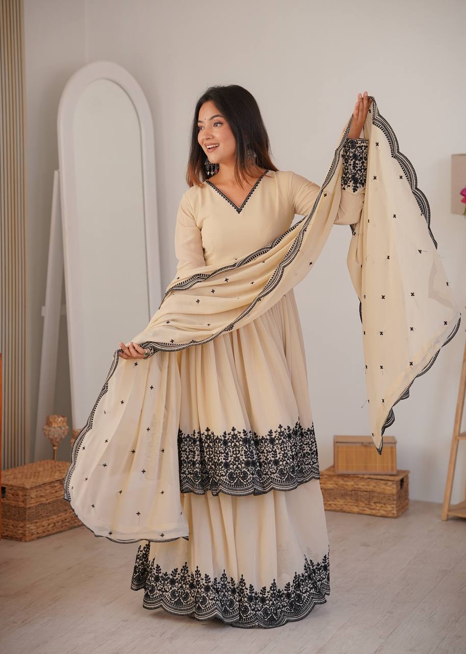 Elegant Faux Georgette Flared Gown Set with Contrast Lace Work