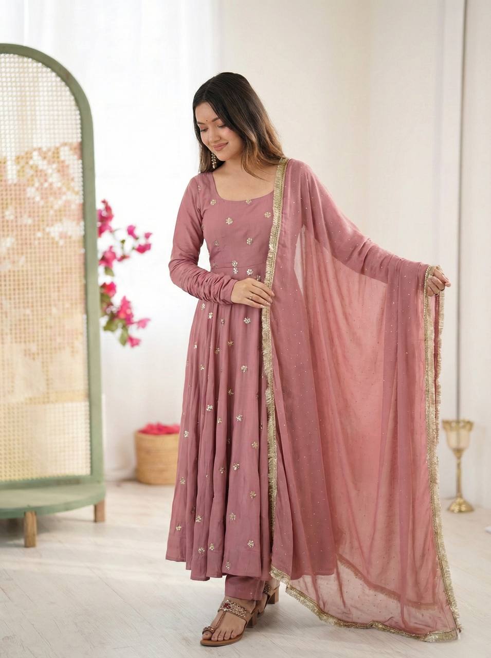 Royal Dusty Pink Flared Anarkali Dress with Gold Motifs