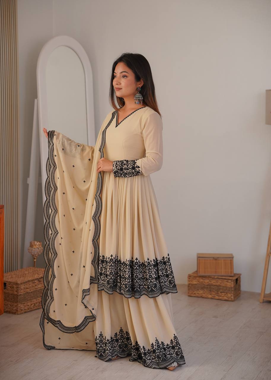 Elegant Faux Georgette Flared Gown Set with Contrast Lace Work