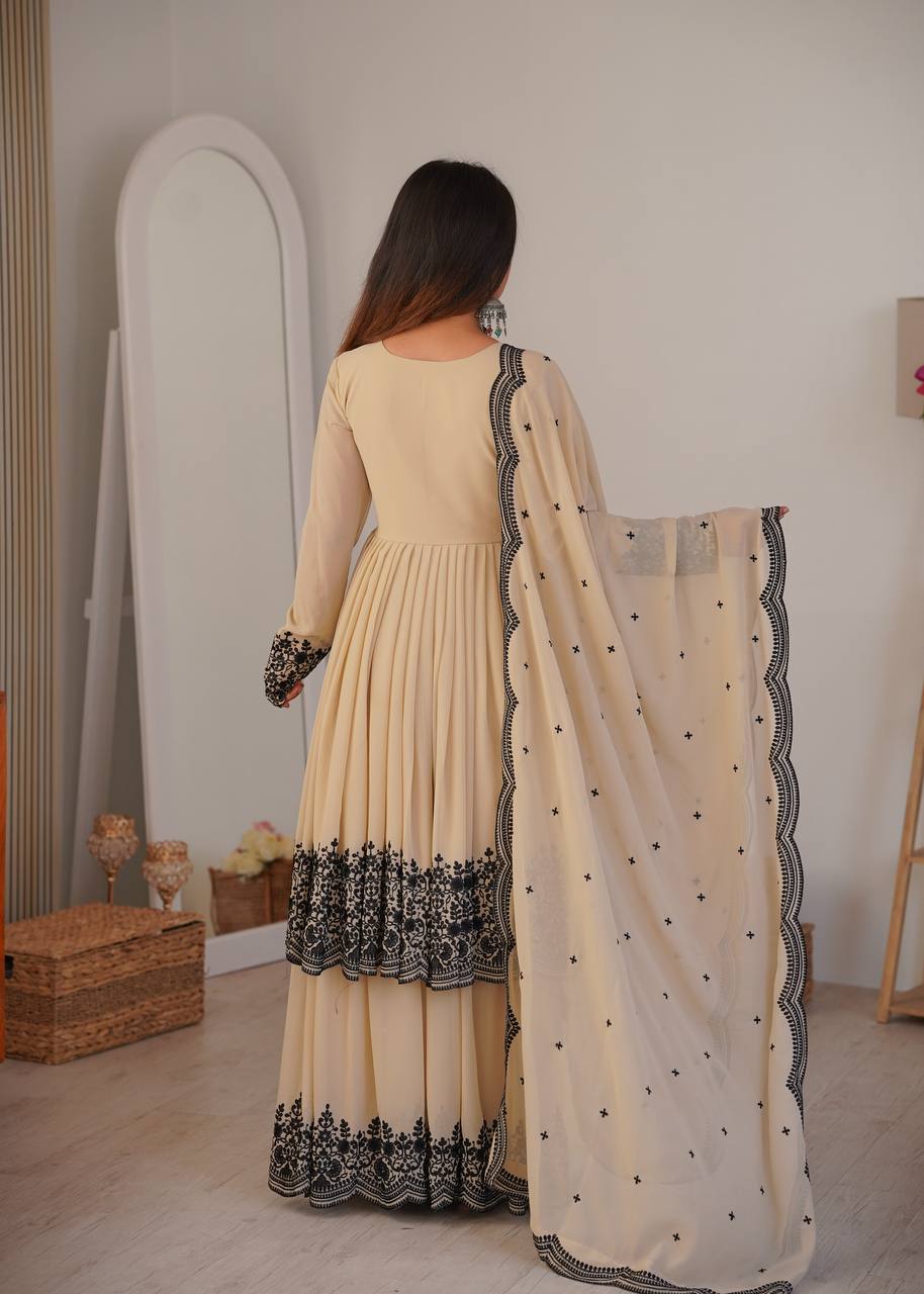 Elegant Faux Georgette Flared Gown Set with Contrast Lace Work