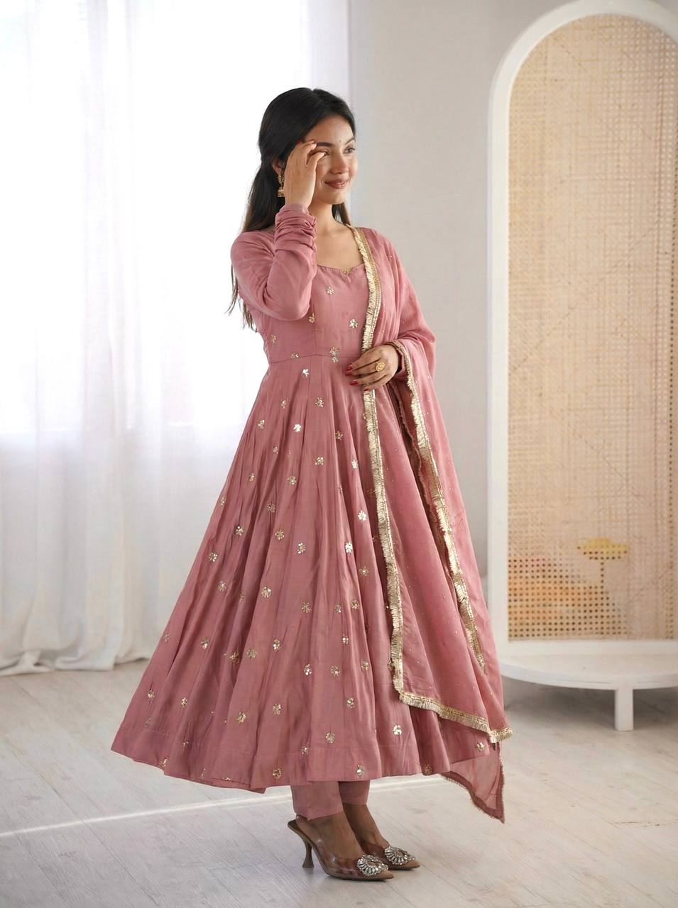Mauve Roman Silk Embroidered Anarkali Gown Set with Dupatta