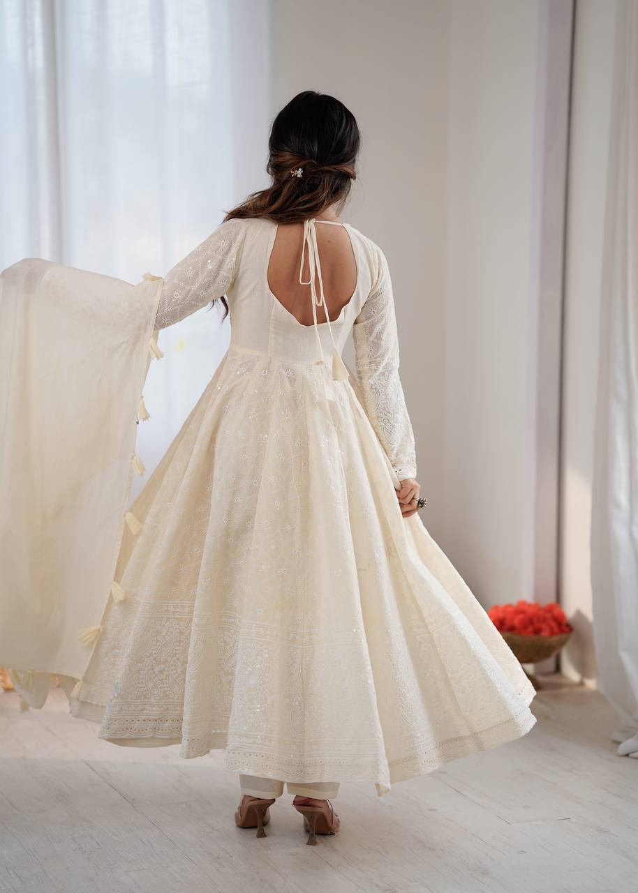 Elegant Cream Partywear Anarkali Gown Set