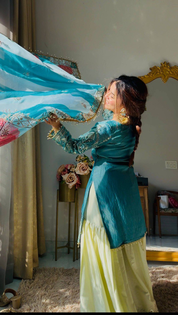 Aqua Elegance Embroidered Kurta Sharara Set