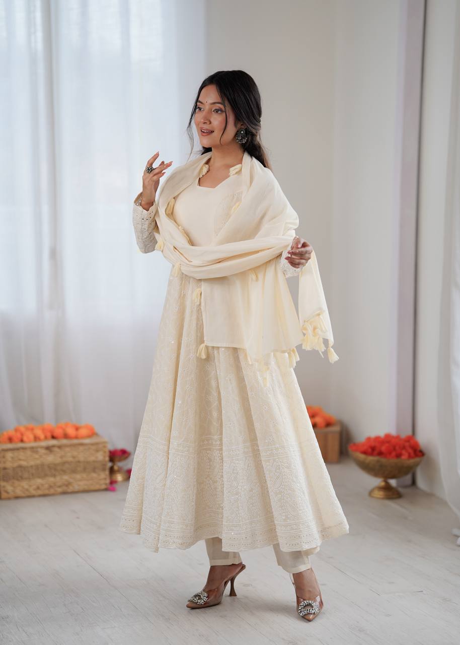 Elegant Cream Partywear Anarkali Gown Set
