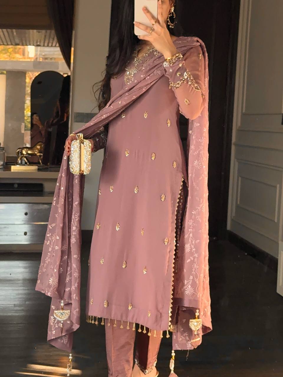 Premium Mauve Heavy Faux Georgette Embroidered Sequence & Beads Work Full Sleeve Suit Set with Dupatta