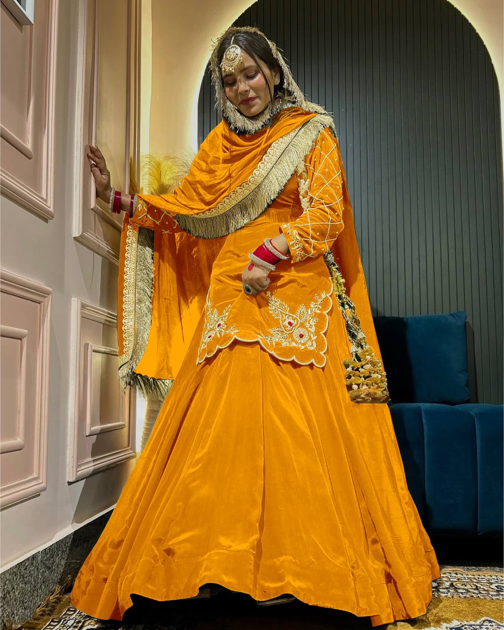 Royal Emerald Natural Crepe Silk Full Sleeve Ethnic Gown Set