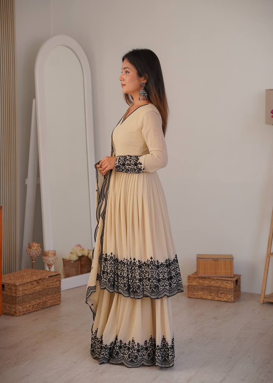 Elegant Faux Georgette Flared Gown Set with Contrast Lace Work