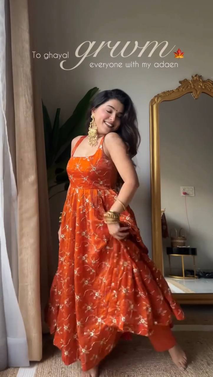 ORANGE PREMIUM READYMADE ANARKALI SUIT SET [3 PIECE]