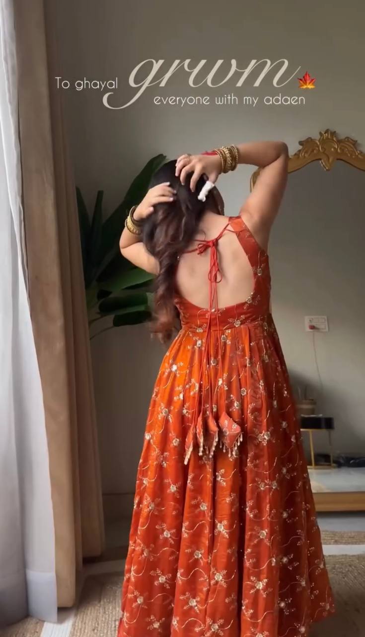 ORANGE PREMIUM READYMADE ANARKALI SUIT SET [3 PIECE]