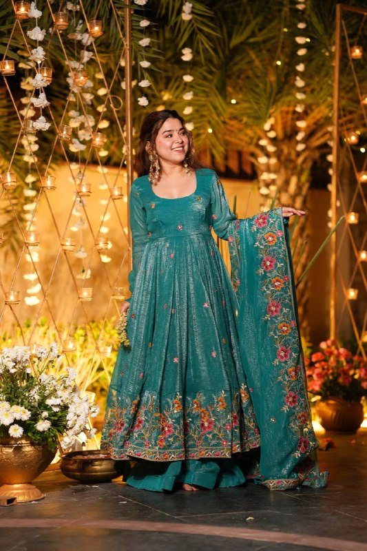 Elegant Embroidered Anarkali Suit Set – Rani Pink & Teal Green