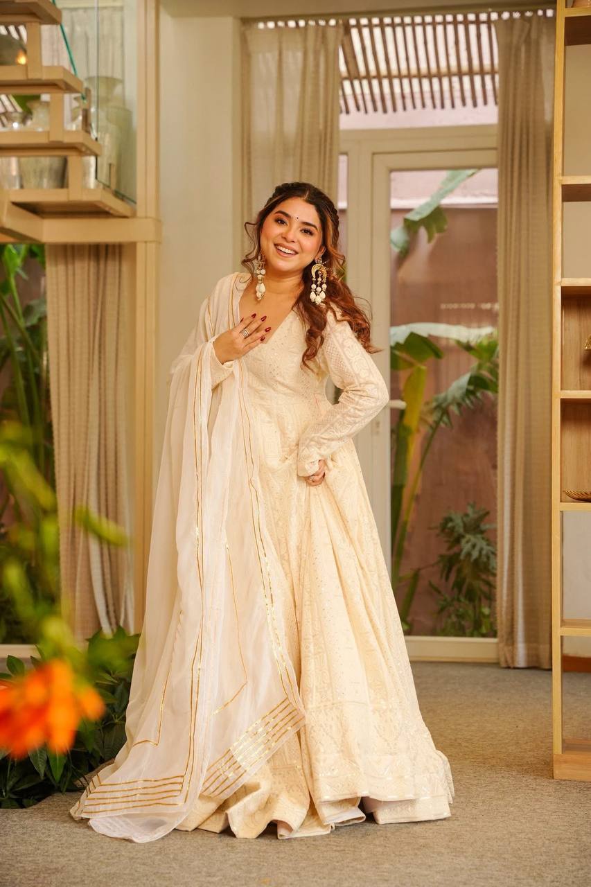 Royal Cream Soft Georgette Heavy Sequins & Zari Thread Work Anarkali