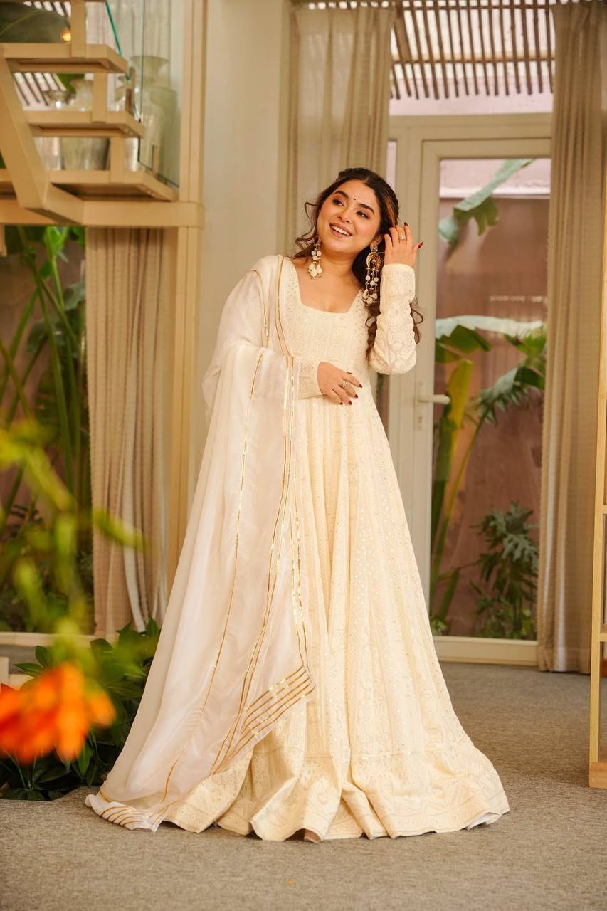 Royal Cream Soft Georgette Heavy Sequins & Zari Thread Work Anarkali