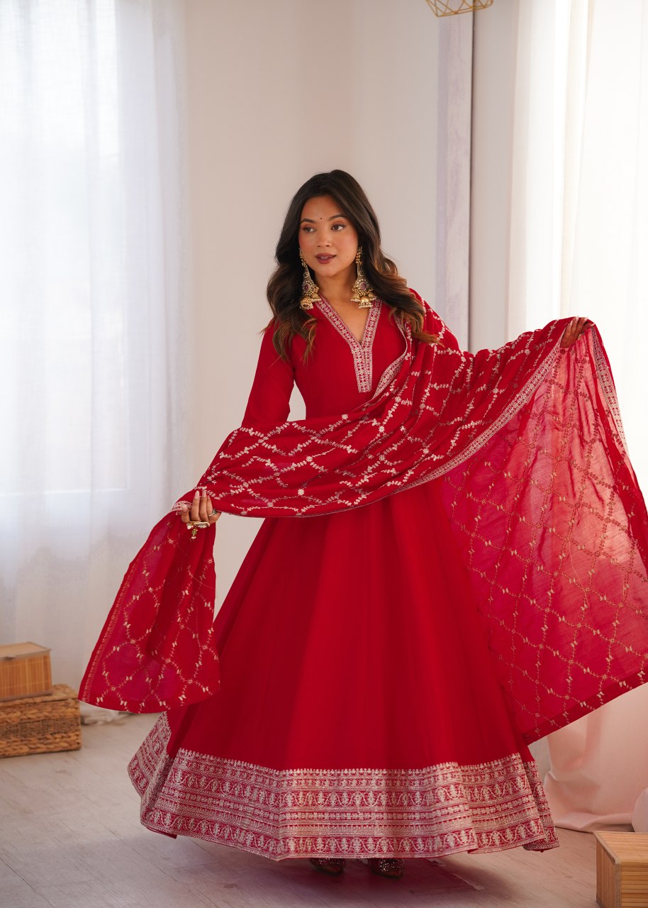Royal Scarlet Embroidered Anarkali Set with Dupatta