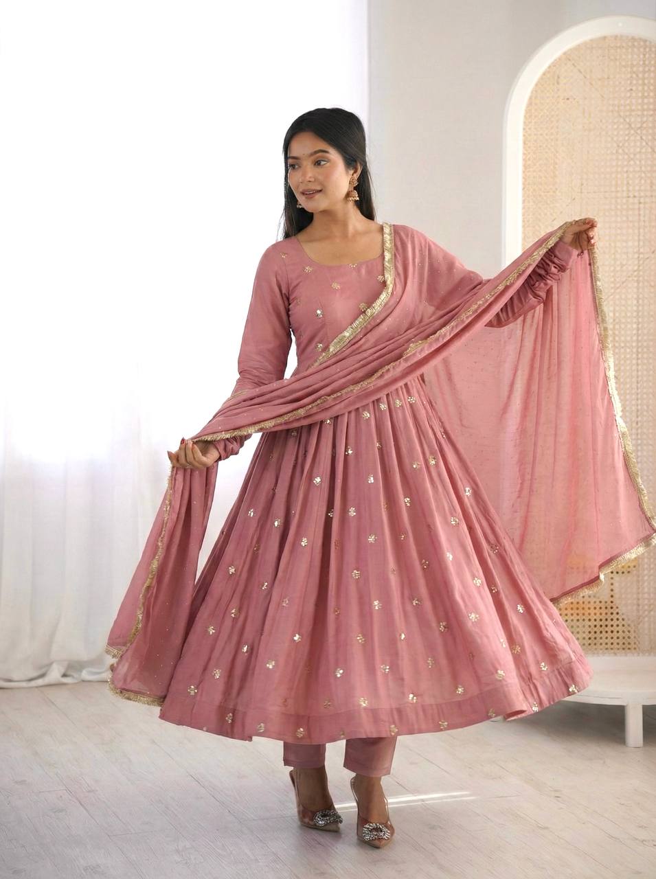 Mauve Roman Silk Embroidered Anarkali Gown Set with Dupatta